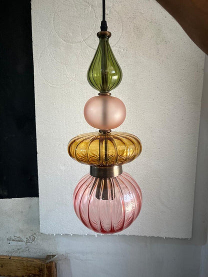 Colorful Glass Pendant Light, Modern Statement Lighting, Pink Green Hanging Lamp, Kitchen Island Light, Unique Ceiling Light | Les Trois Pyramides