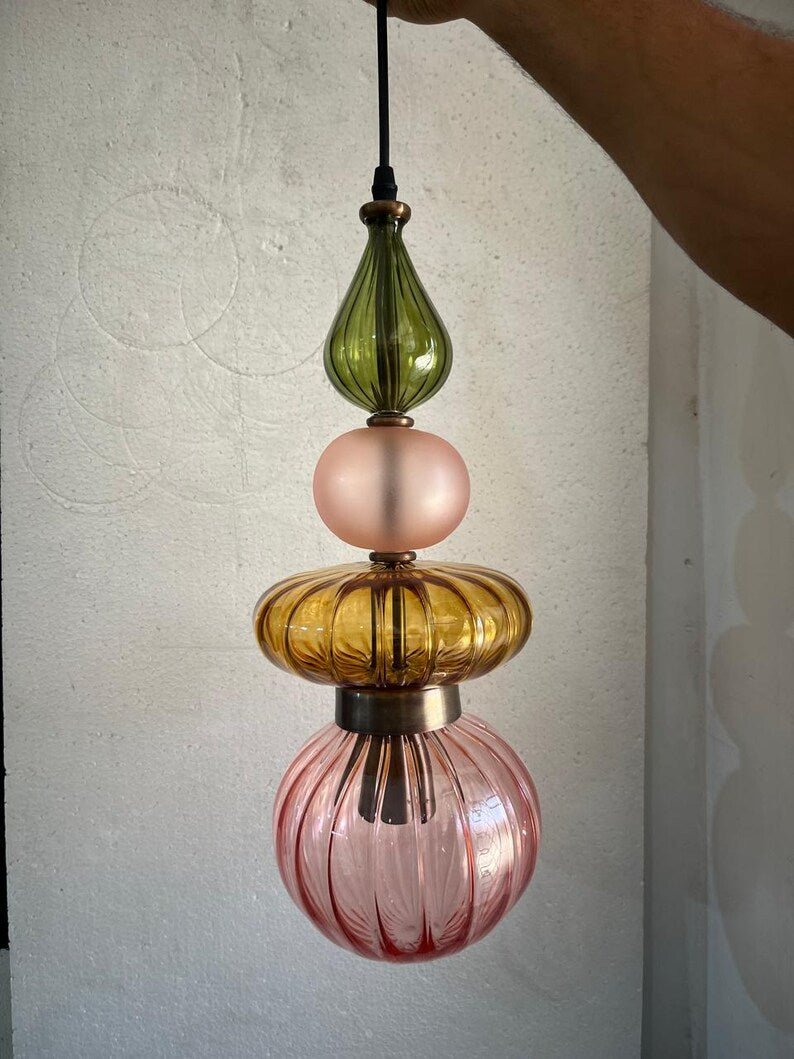 Colorful Glass Pendant Light, Modern Statement Lighting, Pink Green Hanging Lamp, Kitchen Island Light, Unique Ceiling Light | Les Trois Pyramides