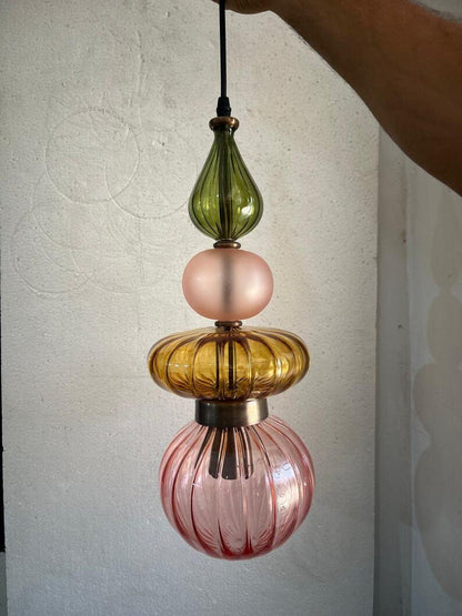 Colorful Glass Pendant Light, Modern Statement Lighting, Pink Green Hanging Lamp, Kitchen Island Light, Unique Ceiling Light | Les Trois Pyramides