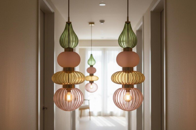 Colorful Glass Pendant Light, Modern Statement Lighting, Pink Green Hanging Lamp, Kitchen Island Light, Unique Ceiling Light | Les Trois Pyramides