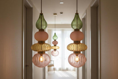 Colorful Glass Pendant Light, Modern Statement Lighting, Pink Green Hanging Lamp, Kitchen Island Light, Unique Ceiling Light | Les Trois Pyramides