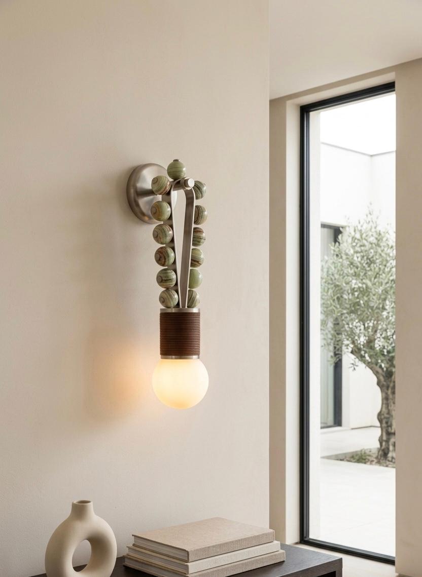 Custom Artisan Natural Onyx Wall Light in Earthy Tones with Brushed Nickel Finish