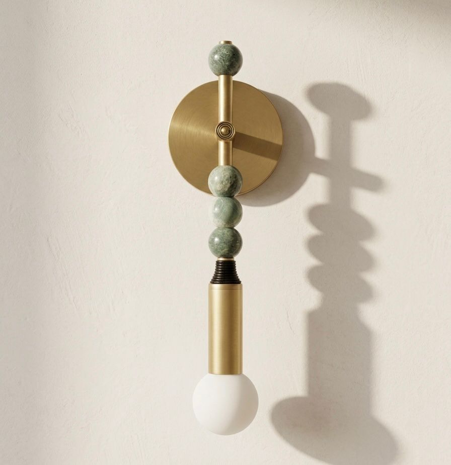Custom Handcrafted Brass Wall Sconce with Green Marble Natural stones and Leather - Les Trois Pyramides