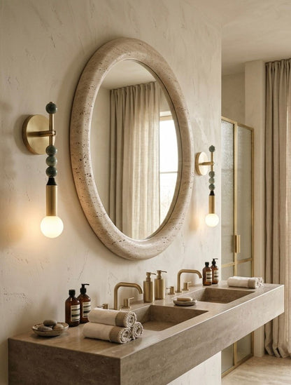 Custom Handcrafted Brass Wall Sconce with Green Marble Natural stones and Leather - Les Trois Pyramides