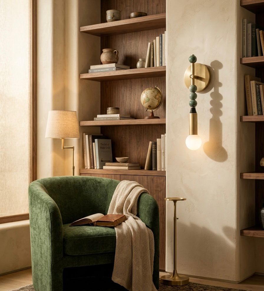 Custom Handcrafted Brass Wall Sconce with Green Marble Natural stones and Leather - Les Trois Pyramides