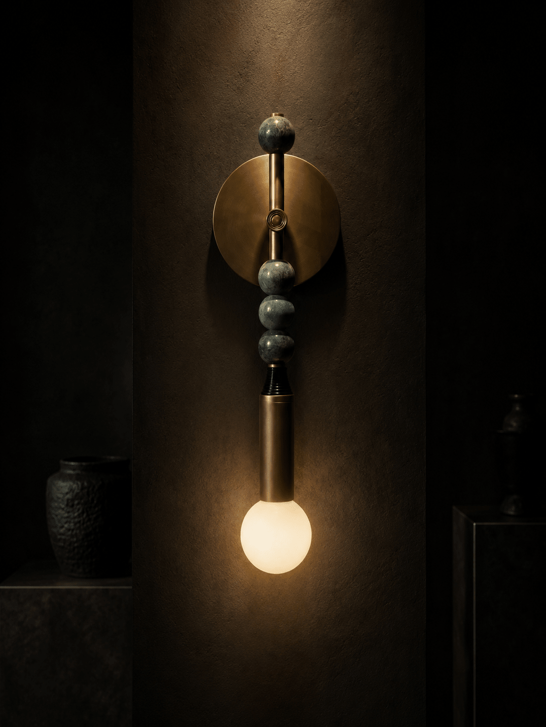 Custom Handcrafted Brass Wall Sconce with Green Marble Natural stones and Leather