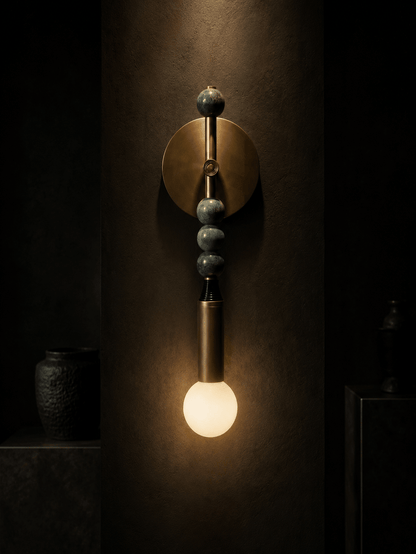 Custom Handcrafted Brass Wall Sconce with Green Marble Natural stones and Leather