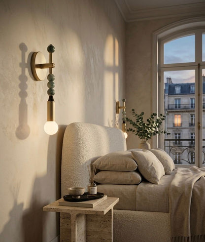 Custom Handcrafted Brass Wall Sconce with Green Marble Natural stones and Leather - Les Trois Pyramides
