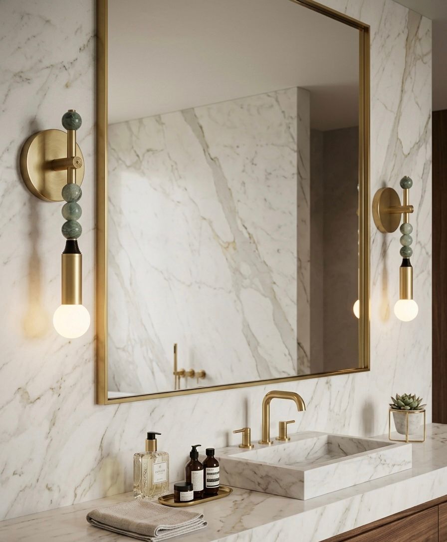 Custom Handcrafted Brass Wall Sconce with Green Marble Natural stones and Leather - Les Trois Pyramides