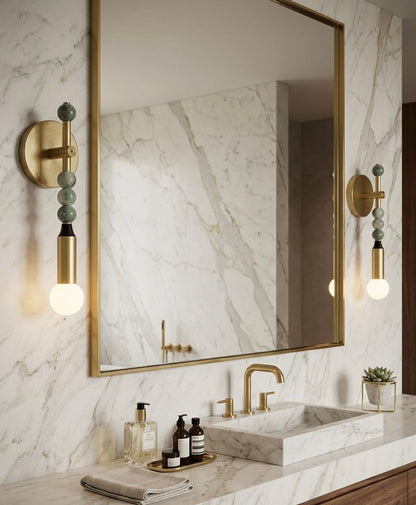 Custom Handcrafted Brass Wall Sconce with Green Marble Natural stones and Leather - Les Trois Pyramides