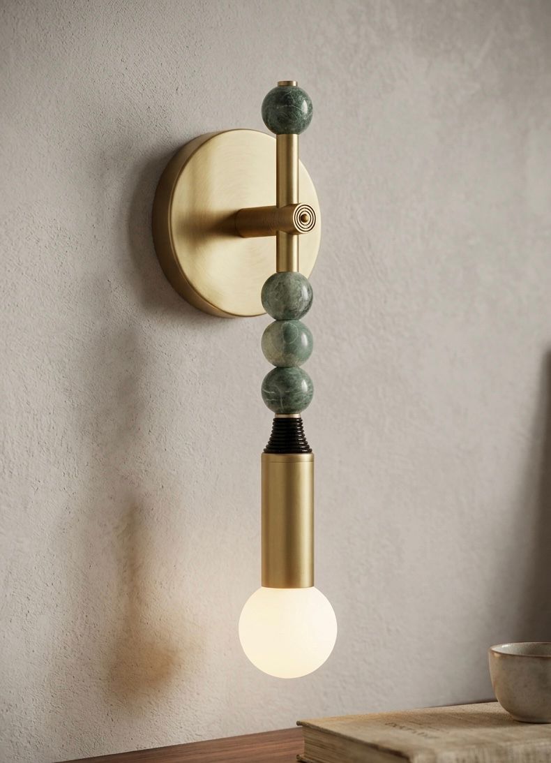 Custom Handcrafted Brass Wall Sconce with Green Marble Natural stones and Leather - Les Trois Pyramides