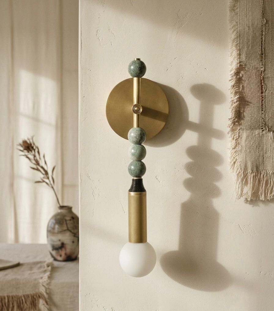 Custom Handcrafted Brass Wall Sconce with Green Marble Natural stones and Leather - Les Trois Pyramides