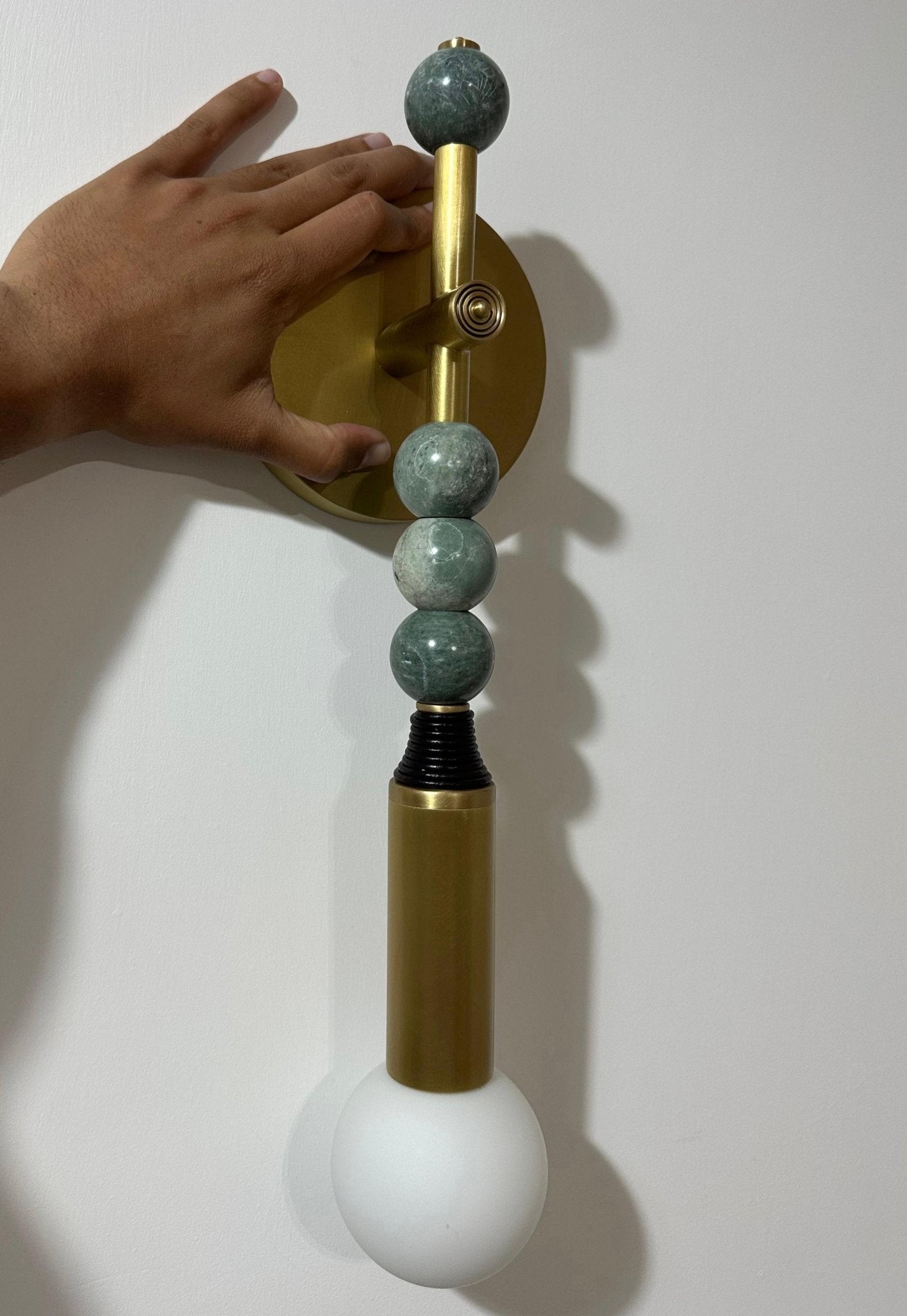 Custom Handcrafted Brass Wall Sconce with Green Marble Natural stones and Leather