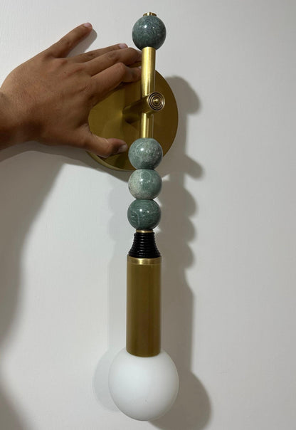 Custom Handcrafted Brass Wall Sconce with Green Marble Natural stones and Leather