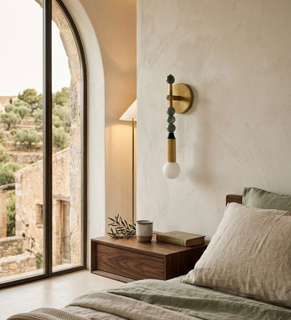 Custom Handcrafted Brass Wall Sconce with Green Marble Natural stones and Leather - Les Trois Pyramides