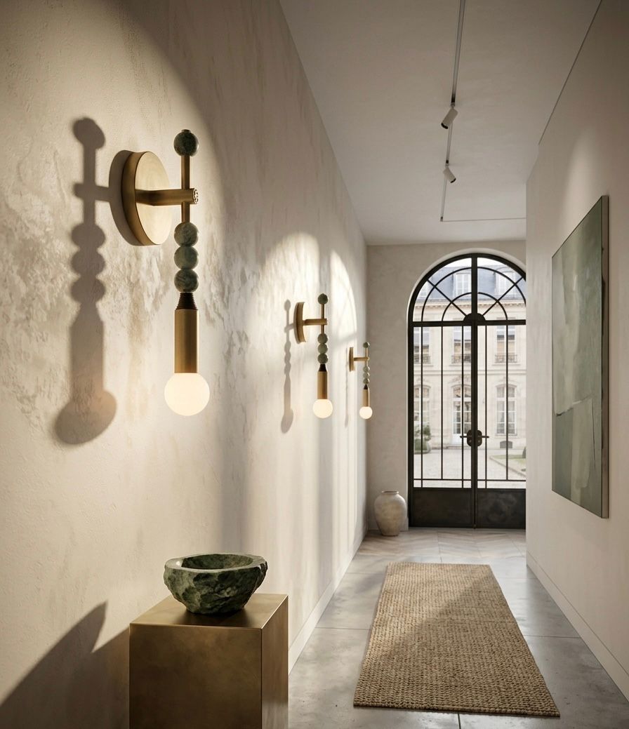 Custom Handcrafted Brass Wall Sconce with Green Marble Natural stones and Leather - Les Trois Pyramides
