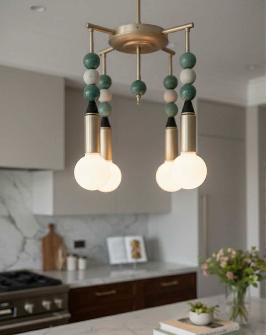 Custom Marble Stone & Glass Pendant Light — Handmade Brushed Nickel Pendant with Natural Gemstone Details