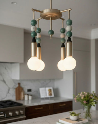 Custom Marble Stone & Glass Pendant Light — Handmade Brushed Nickel Pendant with Natural Gemstone Details