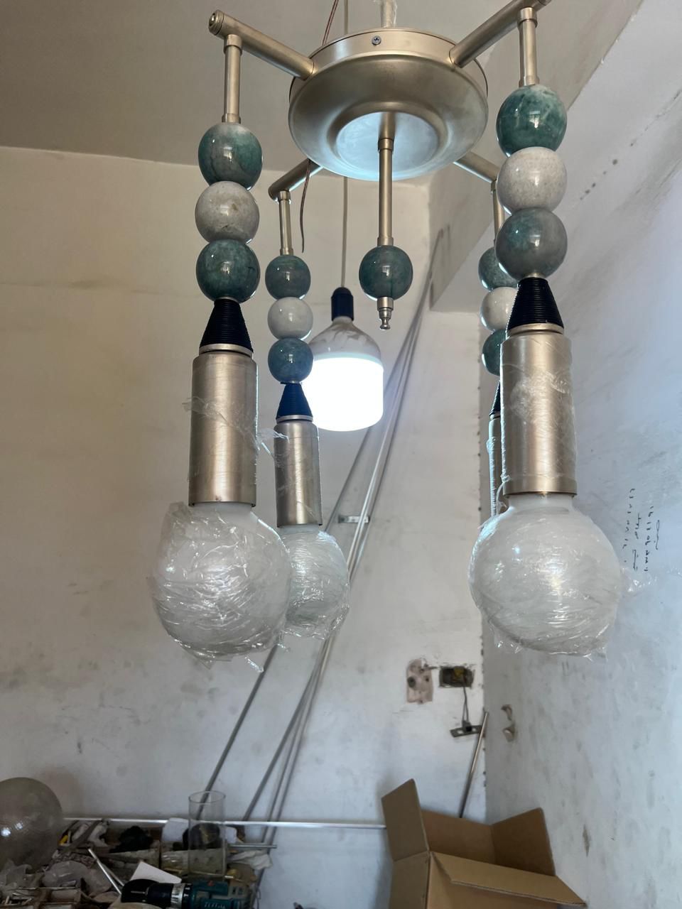 Custom Marble Stone & Glass Pendant Light — Handmade Brushed Nickel Pendant with Natural Gemstone Details