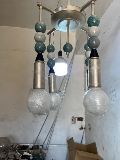 Custom Marble Stone & Glass Pendant Light — Handmade Brushed Nickel Pendant with Natural Gemstone Details