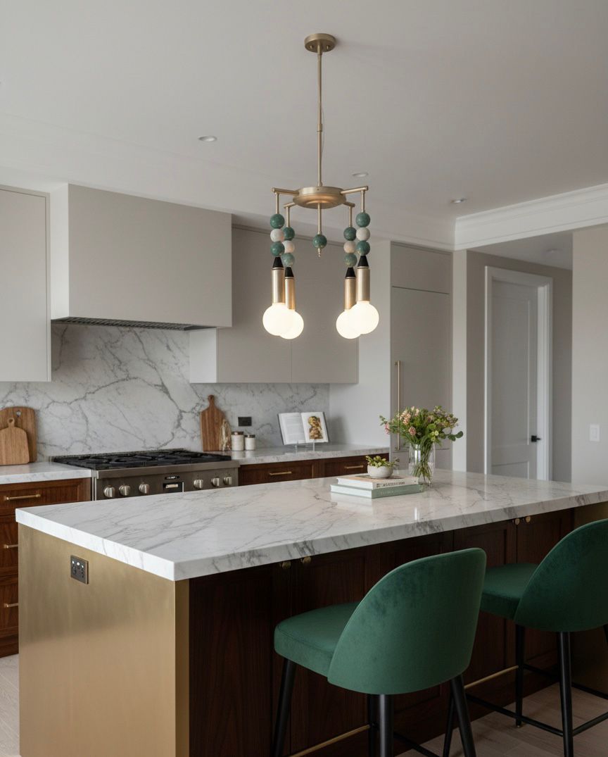 Custom Marble Stone & Glass Pendant Light — Handmade Brushed Nickel Pendant with Natural Gemstone Details