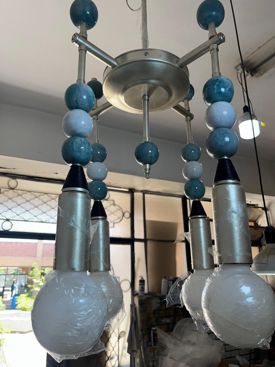 Custom Marble Stone & Glass Pendant Light — Handmade Brushed Nickel Pendant with Natural Gemstone Details