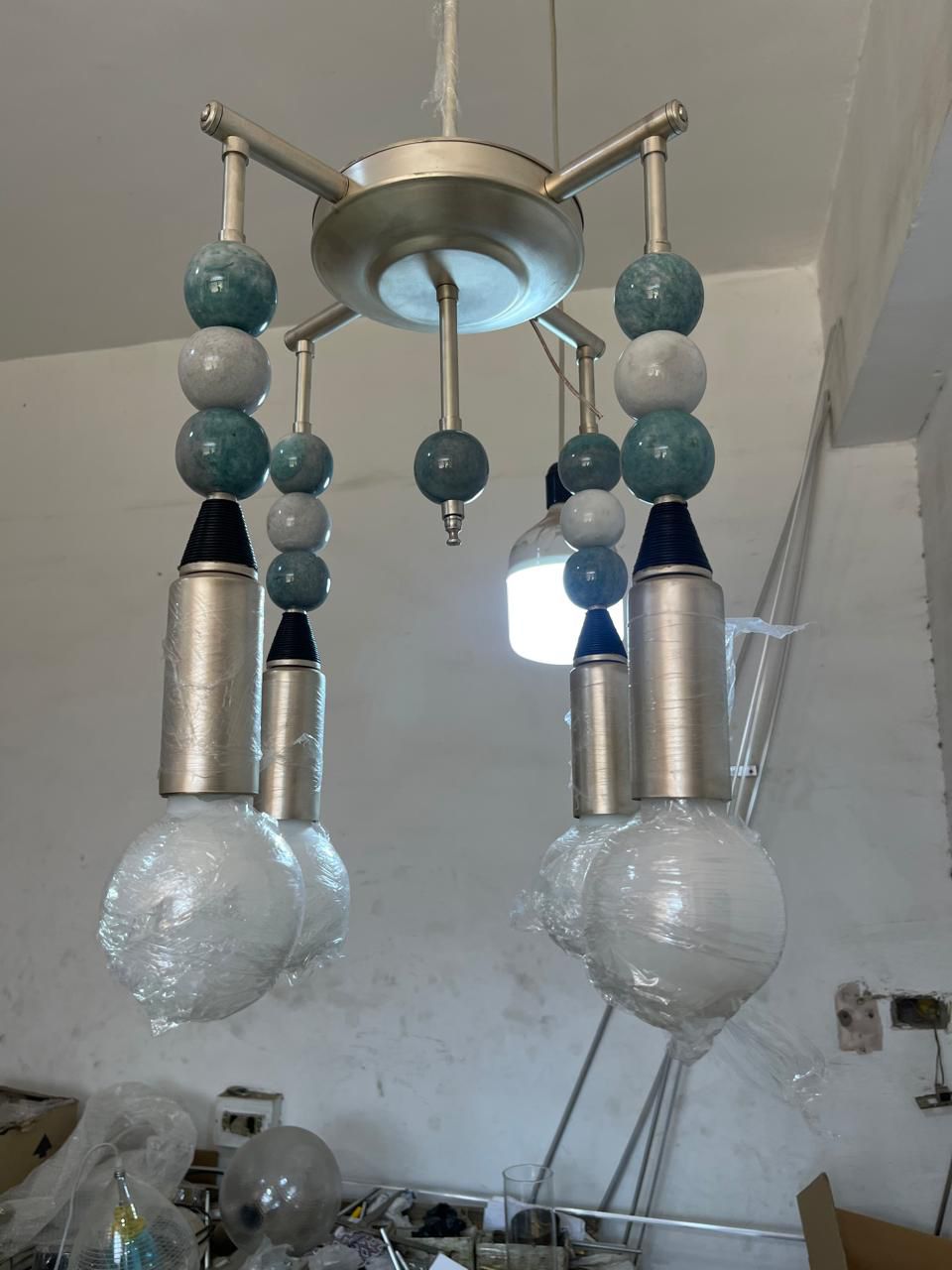 Custom Marble Stone & Glass Pendant Light — Handmade Brushed Nickel Pendant with Natural Gemstone Details