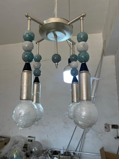 Custom Marble Stone & Glass Pendant Light — Handmade Brushed Nickel Pendant with Natural Gemstone Details