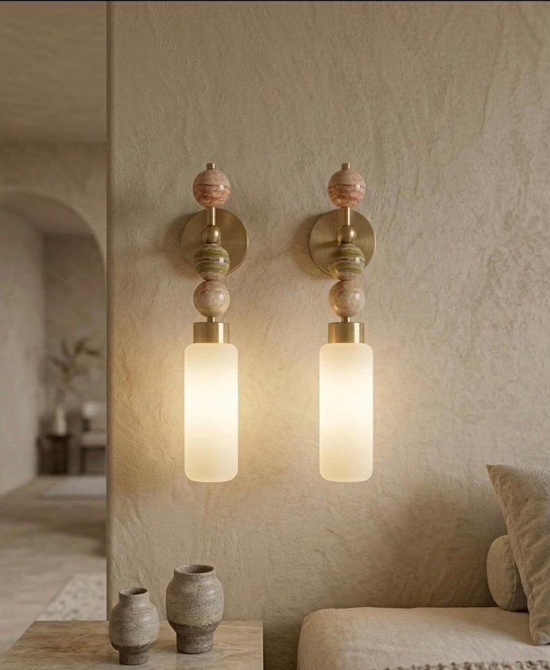 Frosted Glass Cylinder wall sconce with Natural onyx stones - Brass Finish Light Fixture - Artisan Wall Lighting | Les Trois Pyramides