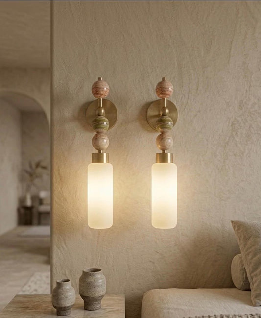 Frosted Glass Cylinder wall sconce with Natural onyx stones - Brass Finish Light Fixture - Artisan Wall Lighting | Les Trois Pyramides