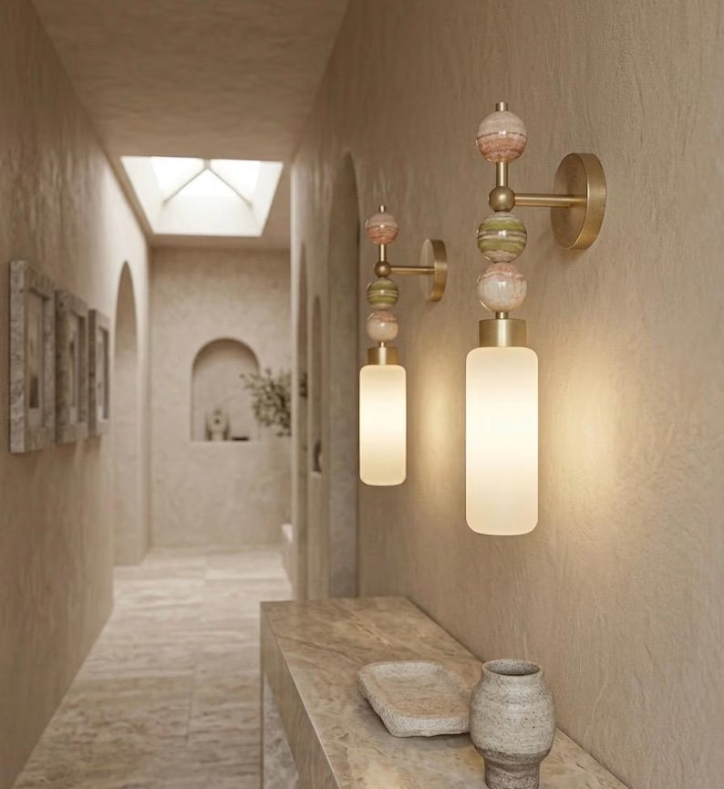 Frosted Glass Cylinder wall sconce with Natural onyx stones - Brass Finish Light Fixture - Artisan Wall Lighting | Les Trois Pyramides