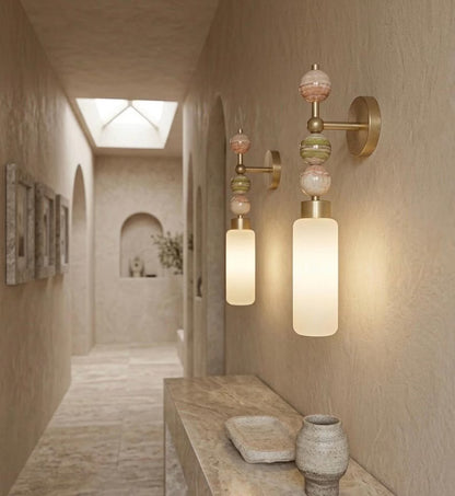Frosted Glass Cylinder wall sconce with Natural onyx stones - Brass Finish Light Fixture - Artisan Wall Lighting | Les Trois Pyramides