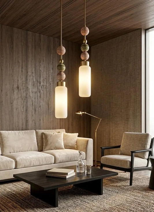 Blown Glass cylinder Pendant Light – Modern onyx stones and Brass Hanging Lamp | Les Trois pyramides