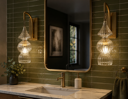 Handcrafted Ribbed Glass Wall Sconce | Brass Bathroom & Hallway Light