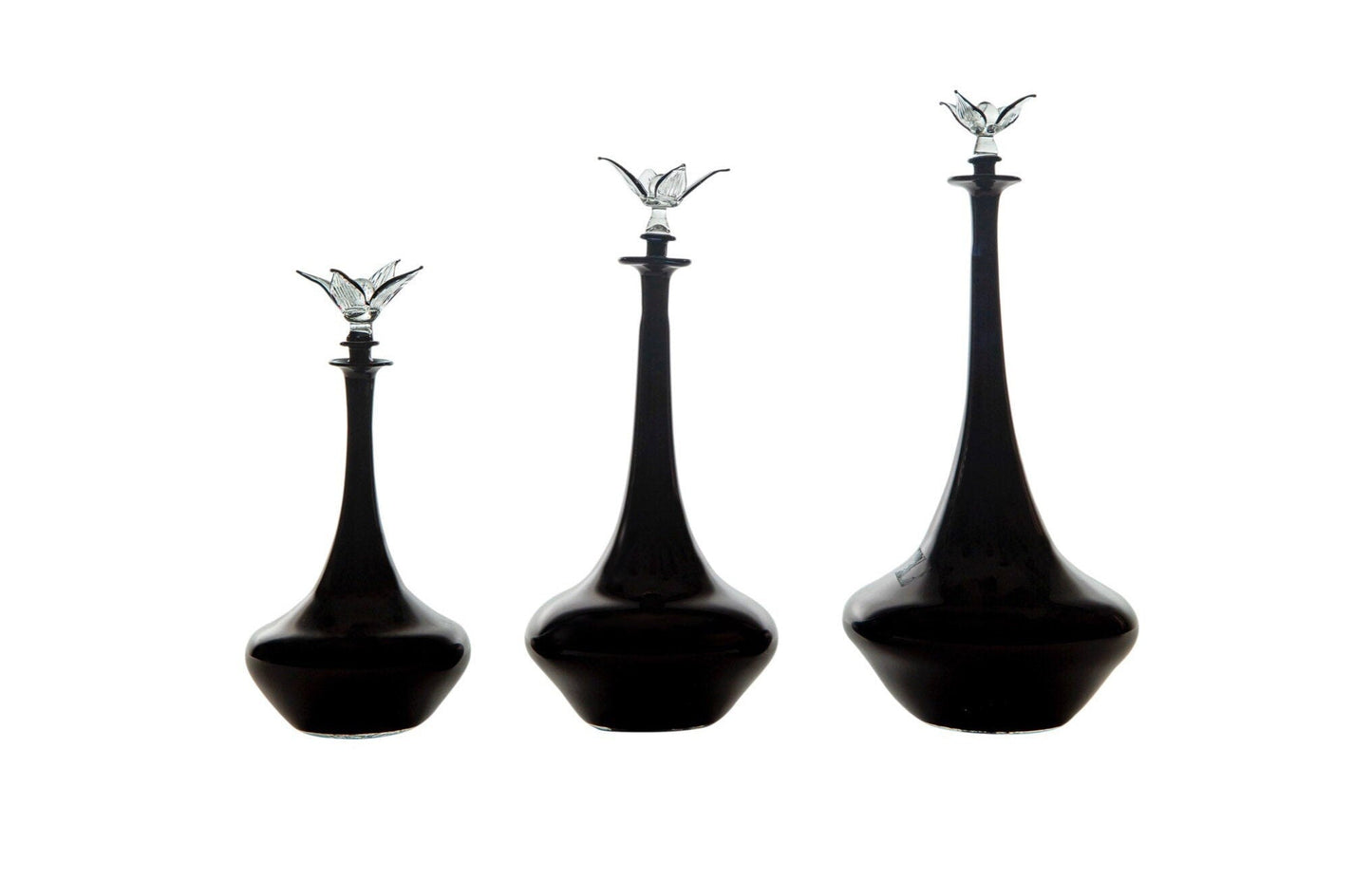 Dark Black Classy Set of Three Blown Glass Decanters
