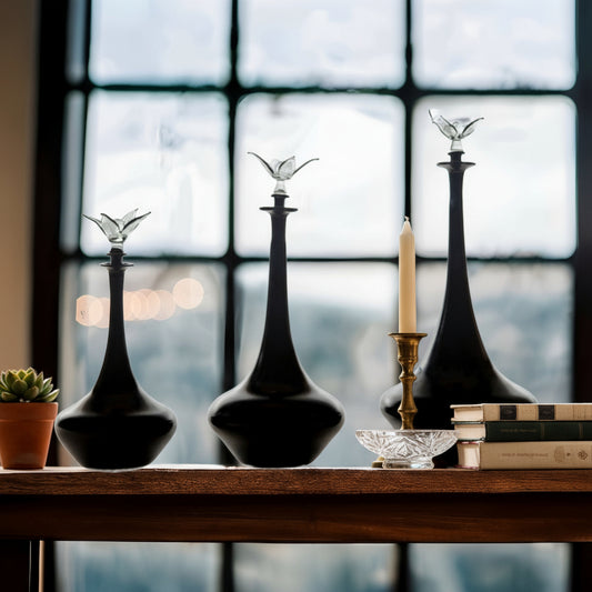 Dark Black Classy Set of Three Perfume Bottles - Blown Glass - Fragrance Decant - Decorative Bottles - Potion Bottles - Custom Glassware | Les Trois PyramideDark Black Classy Set of Three Perfume Bottles - Blown Glass - Fragrance Decant - Decorative Bottles - Potion Bottles - Custom Glassware | Les Trois Pyramides