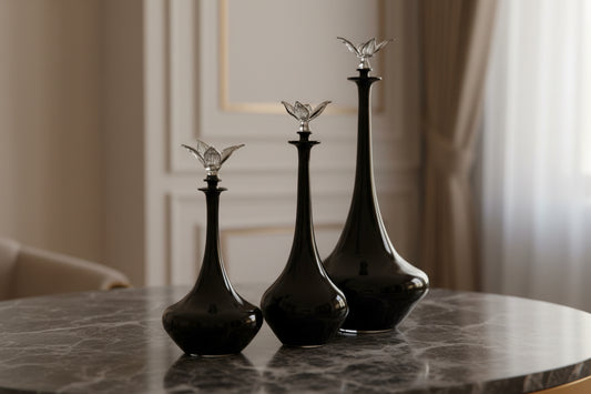 Dark Black Classy Set of Three Perfume Bottles - Blown Glass - Fragrance Decant - Decorative Bottles - Potion Bottles - Custom Glassware | Les Trois PyramideDark Black Classy Set of Three Perfume Bottles - Blown Glass - Fragrance Decant - Decorative Bottles - Potion Bottles - Custom Glassware | Les Trois Pyramides