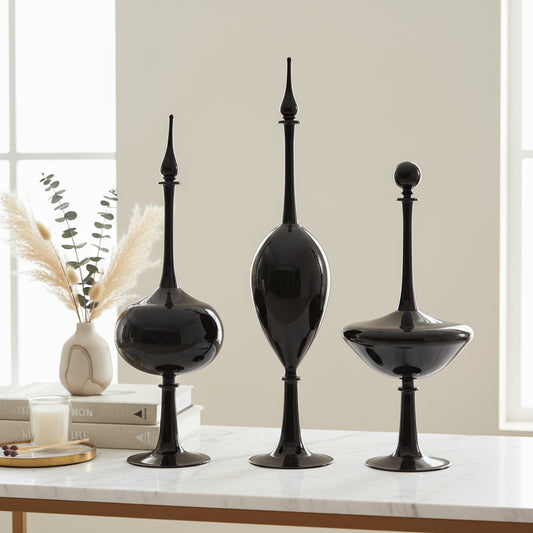 Dark Black Classy Set of Three Vintage Classic Decanter Bottles With Stopper ,Handmade Blown Glass Bottle ,Made With Love, Handmade Gift - Les Trois Pyramide