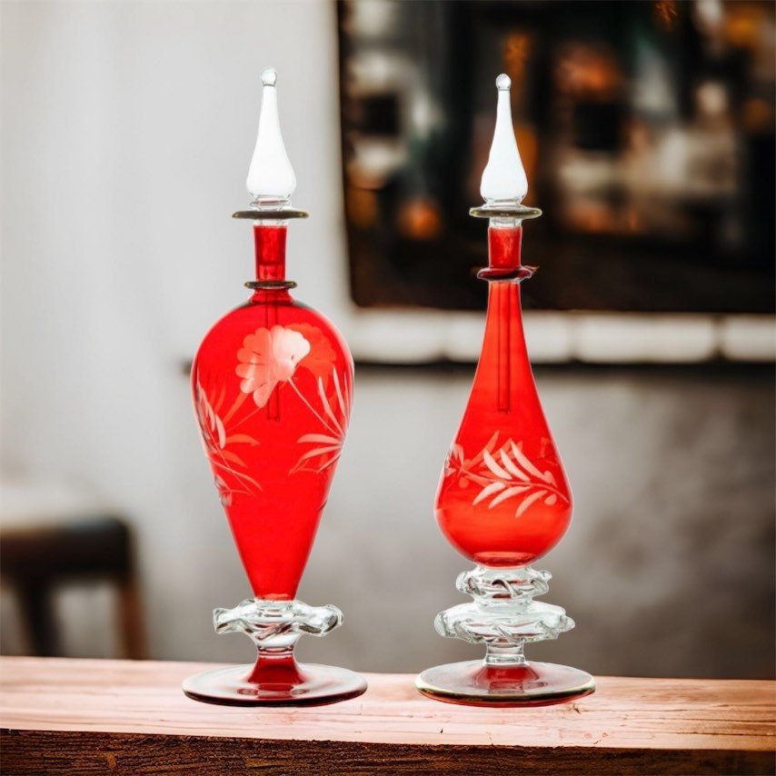 Decorative Empty Perfume Bottles - Hand Painted - Colored Glassware - Glassware - Empty Perfume Bottle - Hand Blown Glass - Les Trois PyramideDecorative Empty Perfume Bottles - Hand Painted - Colored Glassware - Glassware - Empty Perfume Bottle - Hand Blown Glass - Les Trois Pyramides