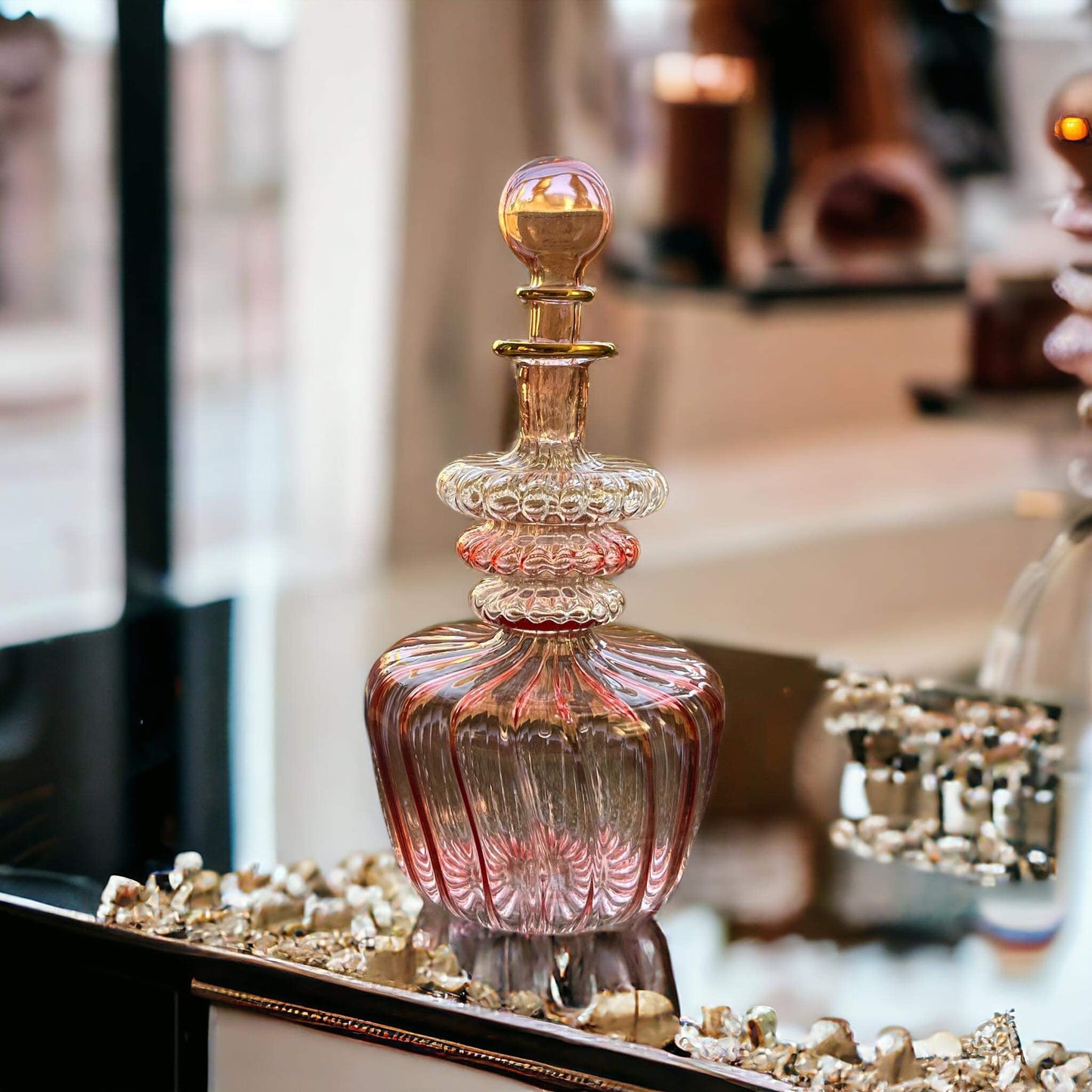 pink Ribbed Glass Bottle with 14K Gold Lining | Les Trois Pyramides