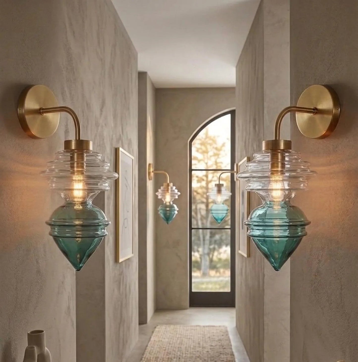 Deap Teal Hand Blown Glass Wall Sconce - Brass Wall Sconce Lighting -  Handmade Wall Mounted Lamp | Les Trois Pyramides.