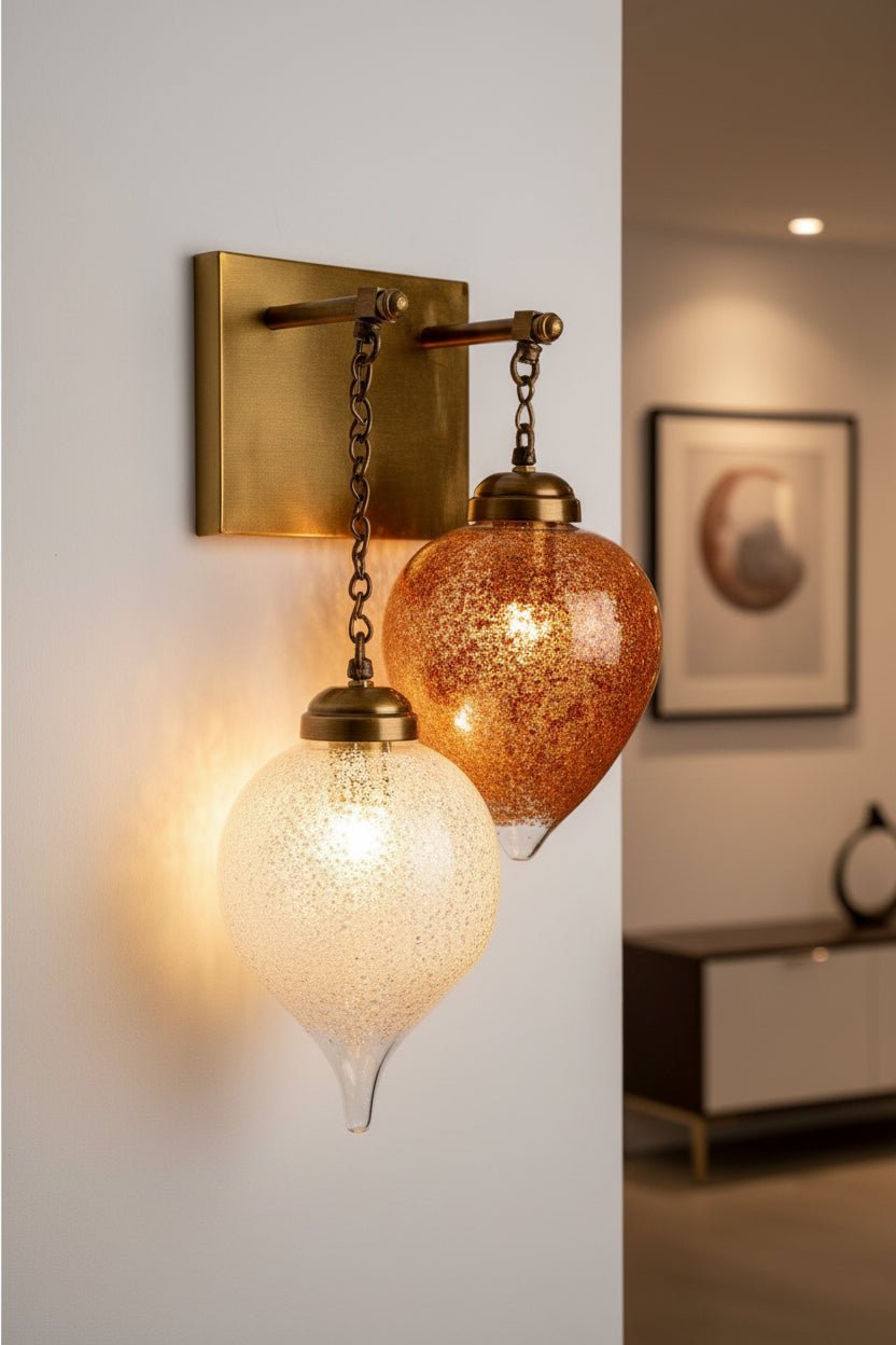Double Crackled Glass and Brass Wall Sconce – Handmade Vintage Wall Light for Bedroom and Hallway