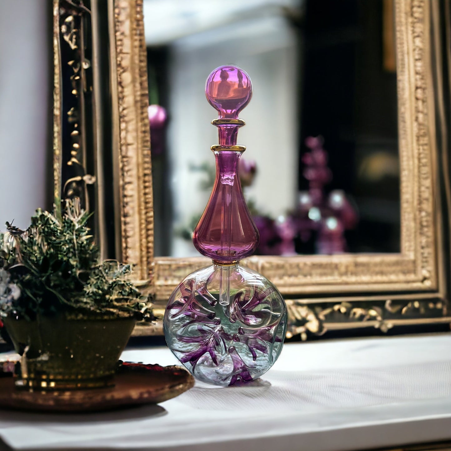 Double Glass layer Violet perfume Bottle in 14 K Gold | Violet Decor