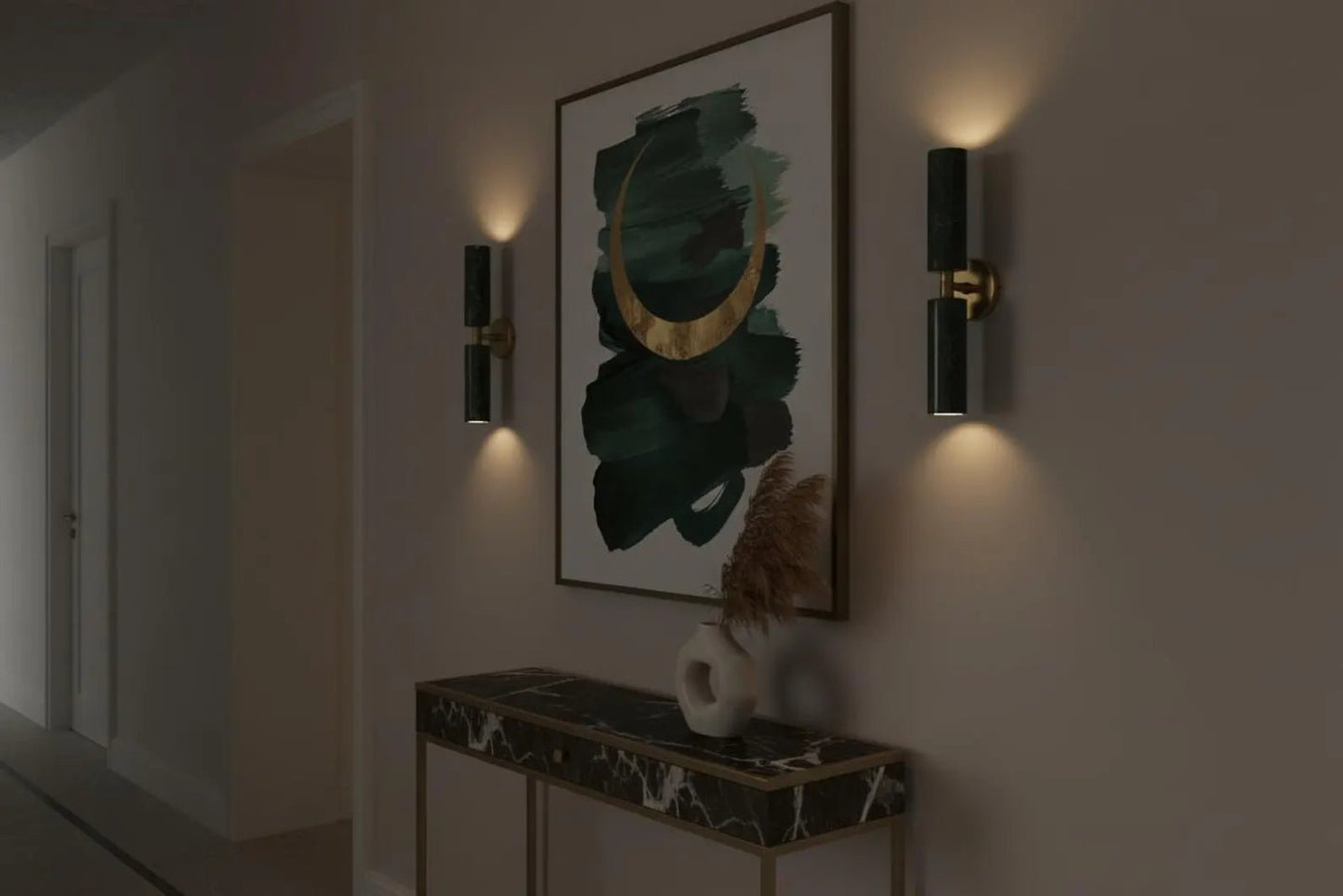 Double Green Marble Wall Sconce with Brass – Modern hallway Light | Les Trois Pyramides