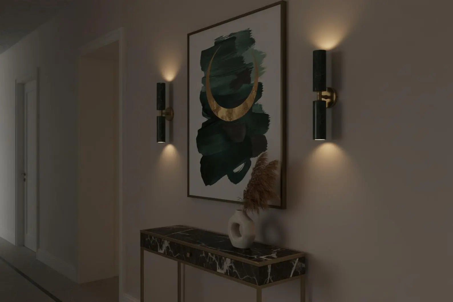 Double Green Marble Wall Sconce with Brass – Modern hallway Light | Les Trois Pyramides