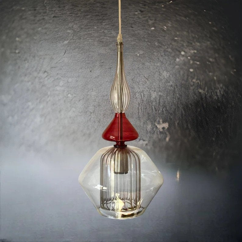 Blown Glass Pendant Light in red and smokey grey - Les Trois Pyramides