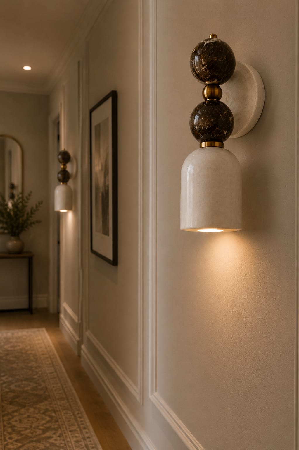 Double Marble Wall Sconce with Alabaster Shade – Handmade Brass Wall Light | Les Trois Pyramides