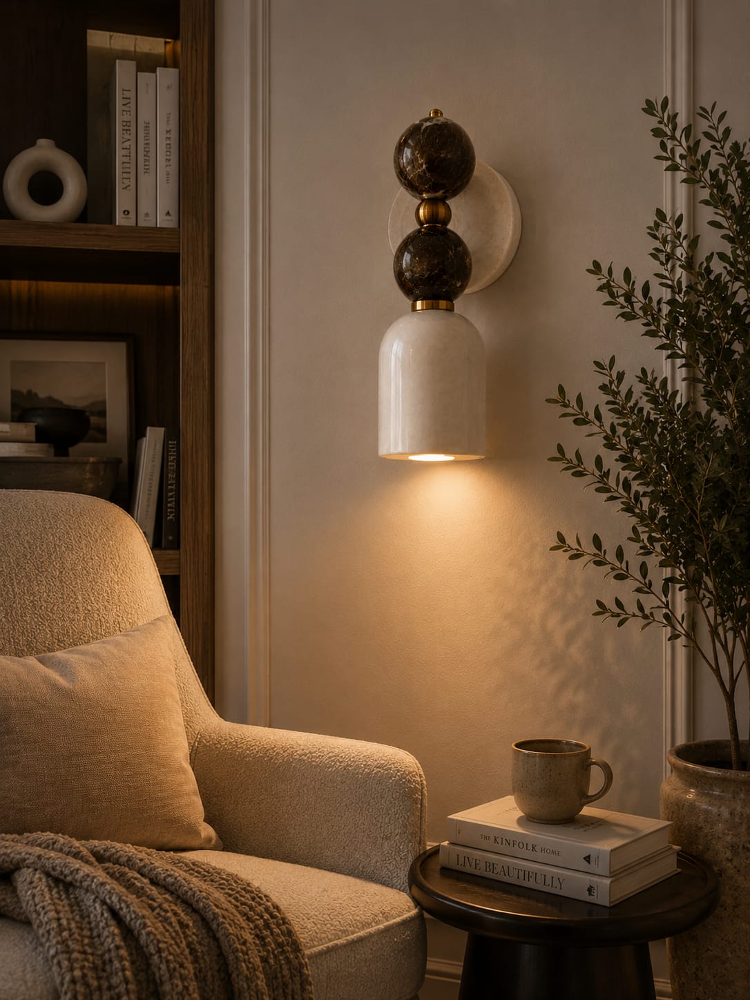Double Marble Wall Sconce with Alabaster Shade – Handmade Brass Wall Light | Les Trois Pyramides