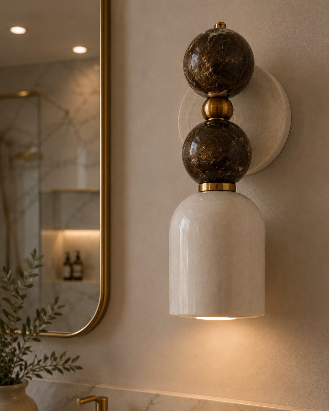 Double Marble Wall Sconce with Alabaster Shade – Handmade Brass Wall Light | Les Trois Pyramides