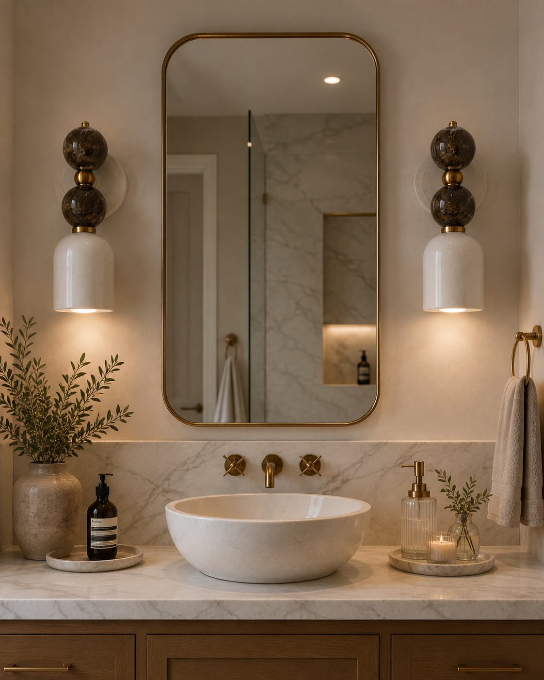 Double Marble Wall Sconce with Alabaster Shade – Handmade Brass Wall Light | Les Trois Pyramides